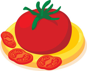 Tomato pizza icon isometric vector. Fresh pizza with tomato on wooden plate icon. Italian cuisine, homemade food, hearty meal
