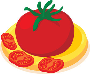 Tomato pizza icon isometric vector. Fresh pizza with tomato on wooden plate icon. Italian cuisine, homemade food, hearty meal