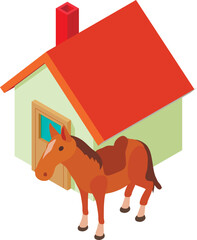 Old west icon isometric vector. Cowboy horse with saddle near the building icon. Wild west symbol, western