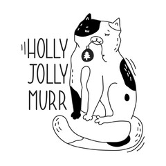 Cute little kitty sits with a Christmas toy in his mouth. New year sticker with funny cat. Greeting card for holiday party. Flat style in vector illustration. Isolated on white background.