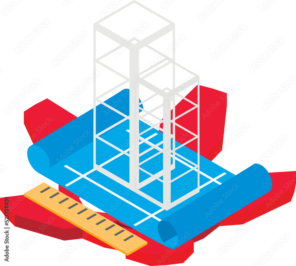 Poster building project icon isometric vector. building structure and red valve icon. construction graphic 