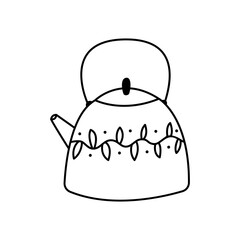 Teapot doodle linear. Cute kettle with patterns. Tea party element on a white background. Hand drawn vector illustration.