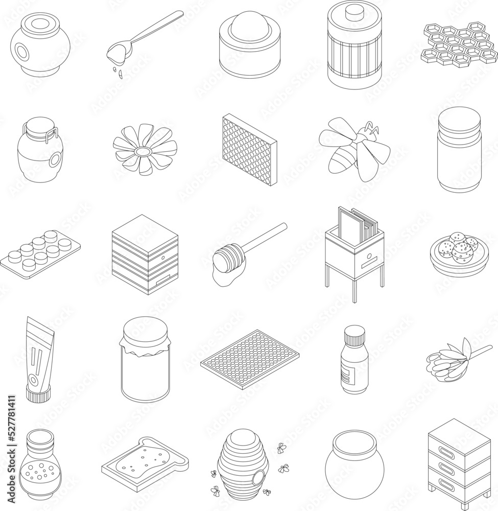 Poster apiary icon set. isometric set of apiary vector icons outline thin lne isolated on white