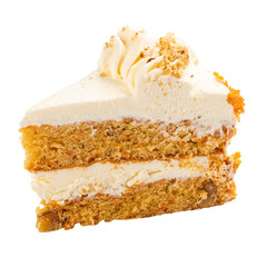 Slice of carrot sponge cake frosted with cheese cream
