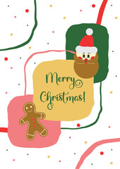 Merry Christmas Card With Santa And Gingerbread.