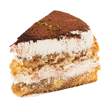 Cut out slice of fresh tiramisu cake 