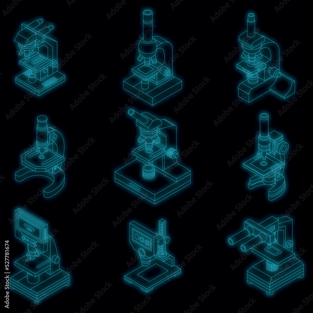 Aufkleber microscope icon set. isometric set of microscope vector icons neon color on black