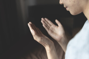 Woman hands praying for blessing from god. Praying hands with faith in religion and belief in God...