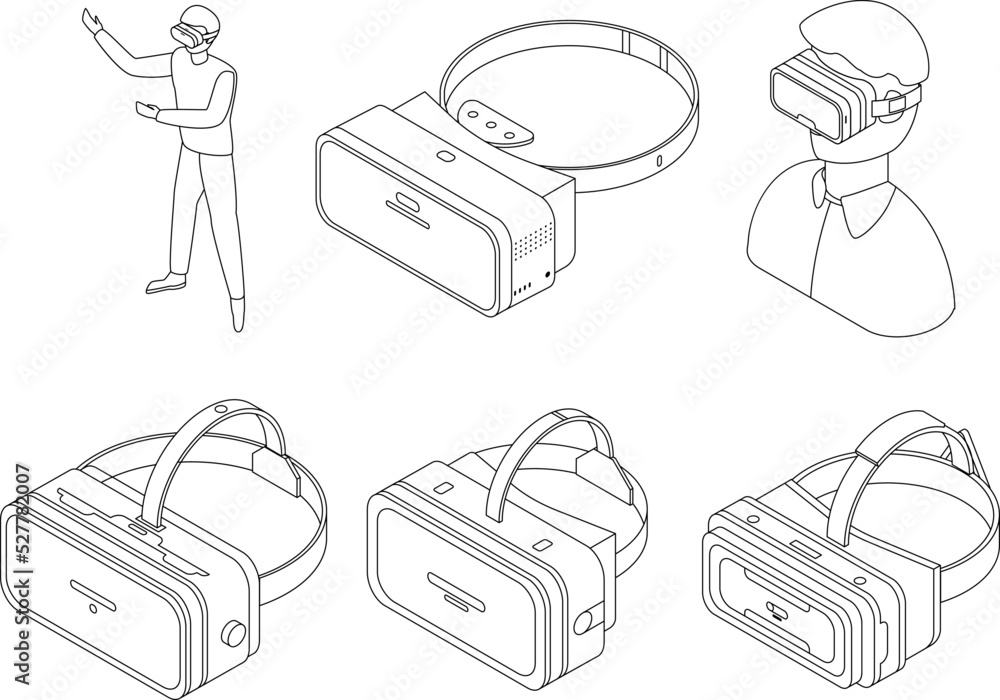 Poster game goggles icons set. isometric set of game goggles vector icons outline thin lne isolated on whit