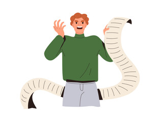 Angry stressed person with many tasks, long to-do list. Busy overloaded shocked man in panic with big paper, lot of plans, businesses, burden. Flat vector illustration isolated on white background