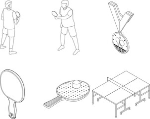 Table tennis icons set. Isometric set of table tennis vector icons outline thin lne isolated on white