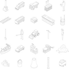 Coal industry icons set. Isometric set of coal industry vector icons outline thin lne isolated on white