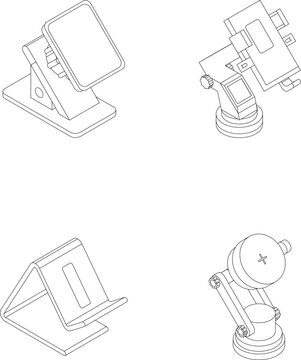 Mobile phone holder icons set. Isometric set of mobile phone holder vector icons outline thin lne isolated on white