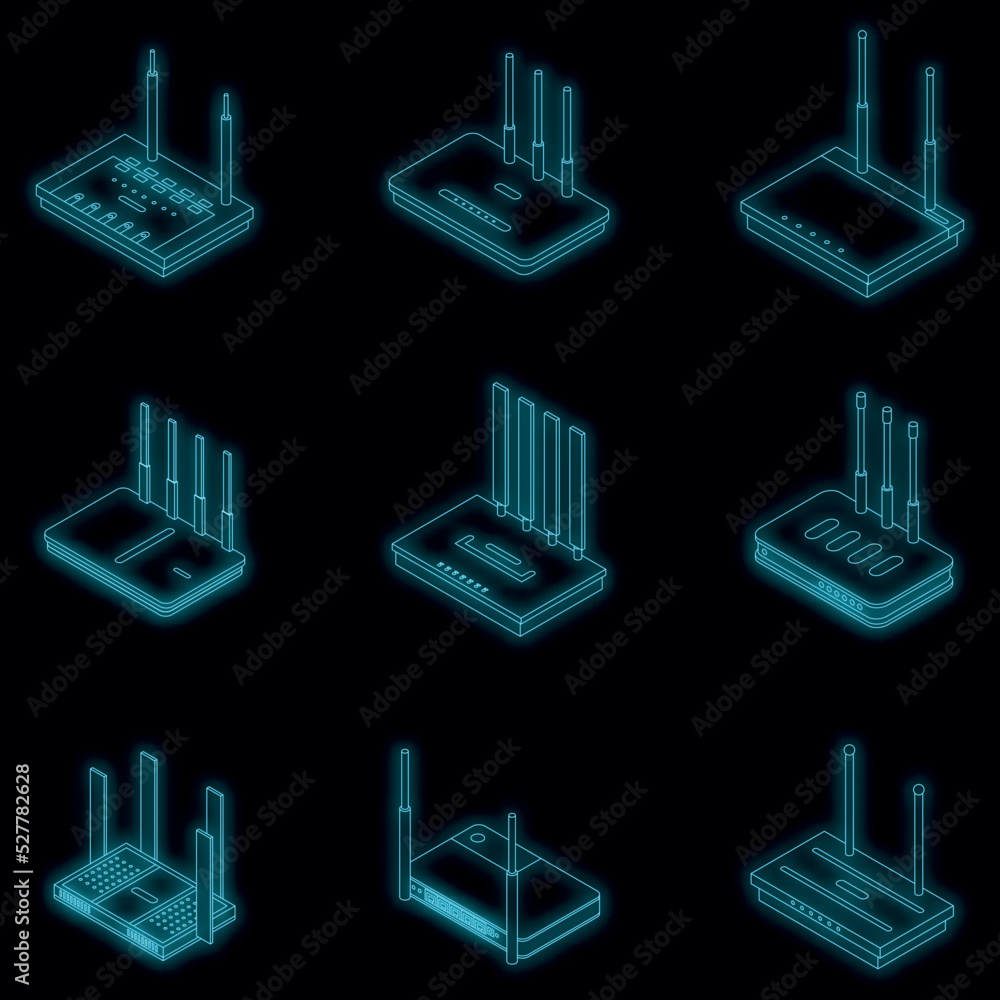 Poster router icons set. isometric set of router vector icons neon color on black