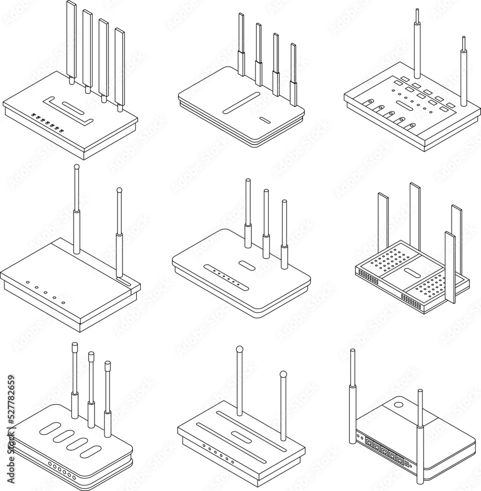 Aufkleber router icons set. isometric set of router vector icons outline thin lne isolated on white