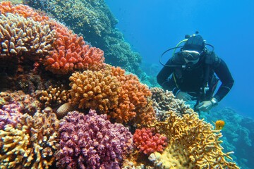 Man scuba diver checking beautiful colorful healthy coral reef with diversity of hard corals - obrazy, fototapety, plakaty