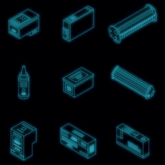 Cartridge icons set. Isometric set of cartridge vector icons neon color on black