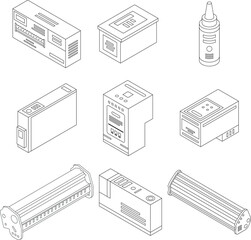 Cartridge icons set. Isometric set of cartridge vector icons outline thin lne isolated on white