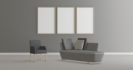 Psychologist office, armchair and sofa isolated in a lighted room, three empty frames for mockup on gray color  wall, 3d illustration