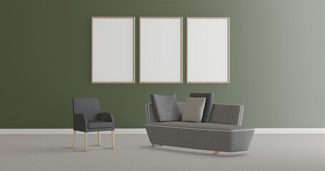 Psychologist office, armchair and sofa isolated in a lighted room, three empty frames for mockup on green color wall, 3d illustration
