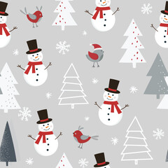 Christmas seamless pattern with snowman, birds, christmas tree and snowflakes. Flat style.