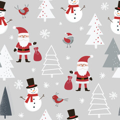 Christmas seamless pattern with Santa Claus, snowman, birds, christmas tree and snowflakes. Can be used for fabric, wrapping paper, scrapbooking, textile and other design. Flat style.