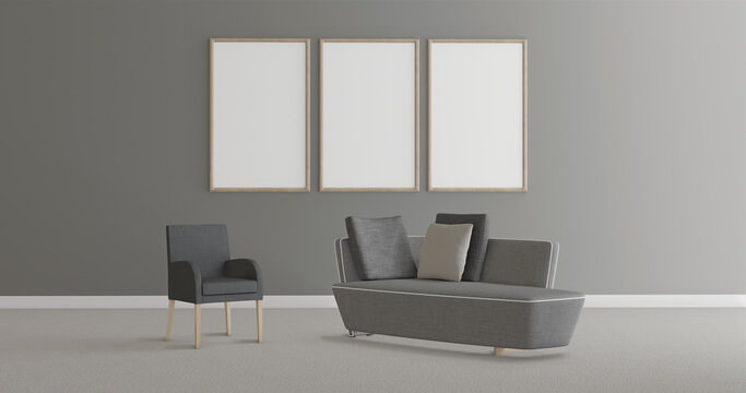 Psychologist Office, Armchair And Sofa Isolated In A Lighted Room, Three Empty Frames For Mockup On Gray Color  Wall, 3d Illustration