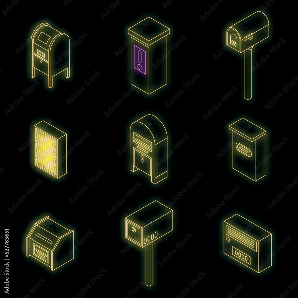 Poster mailbox icons set. isometric set of mailbox vector icons neon color on black