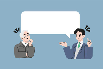 Male businessperson explaining to a senior male. Flat vector illustration isolated with place to text