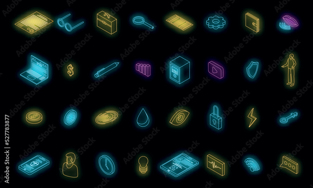 Poster biometric authentication icons set. isometric set of biometric authentication vector icons neon colo