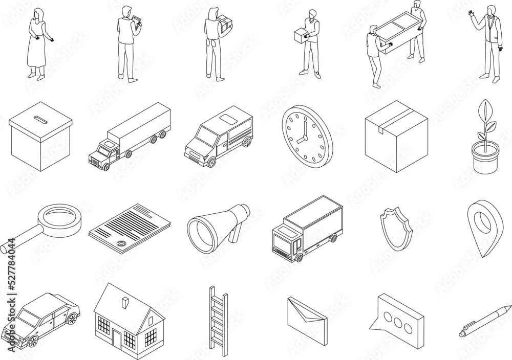 Poster relocation icons set. isometric set of relocation vector icons outline thin lne isolated on white