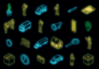 Relocation icons set. Isometric set of relocation vector icons neon color on black