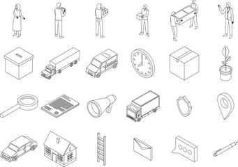 Relocation icons set. Isometric set of relocation vector icons outline thin lne isolated on white