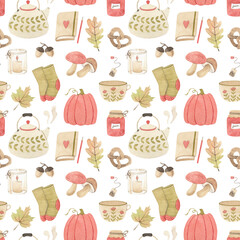 Autumn mood. Seamless watercolor pattern with autumn elements.