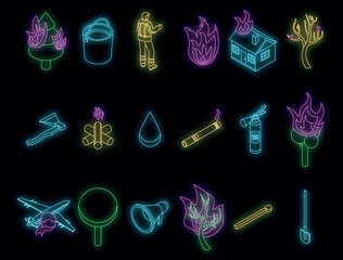 Wildfire icons set. Isometric set of wildfire vector icons neon color on black