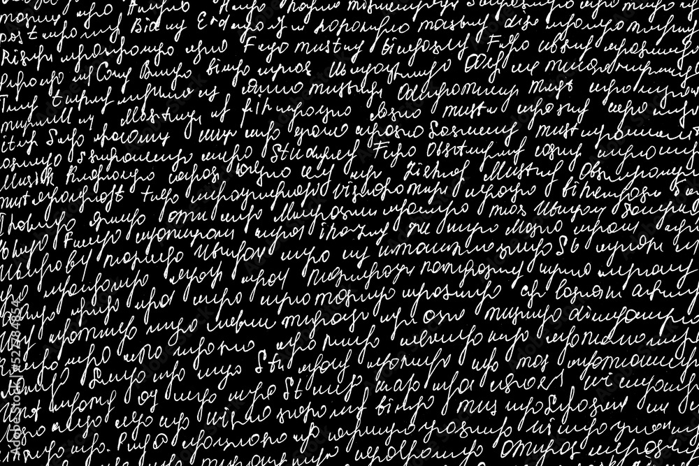 Poster the texture of an unreadable handwritten text on a black background. an interesting letter written i
