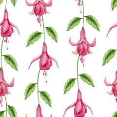 Pink Watercolor Fuchsia Flower Seamless Pattern isolated on White Background. Watercolour Tropical Floral Digital Paper.Perfect for Fabric Printing, Wrapping Paper, Wedding Invitations, Greeting Cards