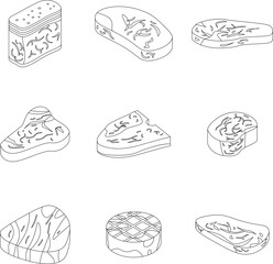 Steak icons set. Isometric set of steak vector icons outline thin lne isolated on white