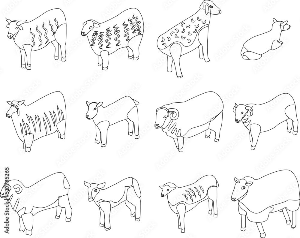 Poster sheep icons set. isometric set of sheep vector icons outline thin lne isolated on white