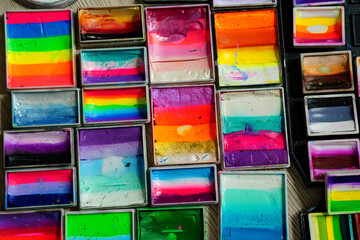 palette with paints for acting makeup. cosmetics for actors.