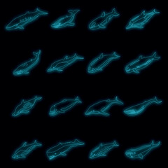 Whale icons set. Isometric set of whale vector icons neon color on black © ylivdesign