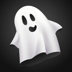 White ghost, phantom isolated on black background. Halloween cute spooky costume of monster, funny spirit or poltergeist flying in night. 3d realistic vector illustration.