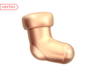 Golden Christmas Sock Abstract Decor. Realistic 3d mocup design element in cartoon style. Gold colors. Close-up object isolated on white background. 3D Vector illustration