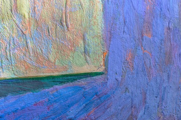 Abstract background closeup of a painting with brushstrokes. Rough art paint smear. Large multicolor spots of brush strokes and palette knife on the canvas