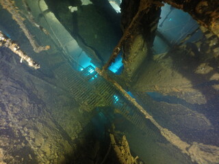 Diving on the ship wrecks of the Palau archipelago. These ship wrecks were from Japanese Navy at...