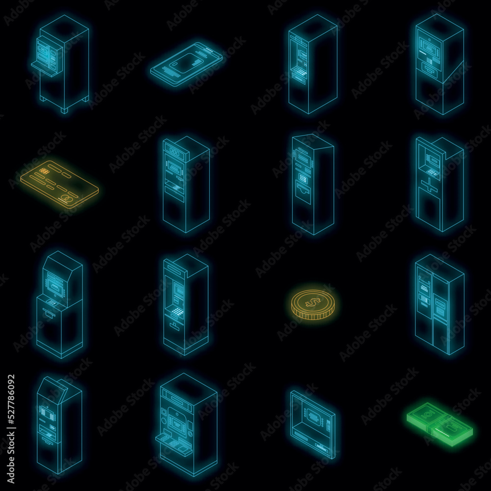 Poster atm machine icons set. isometric set of atm machine vector icons neon color on black