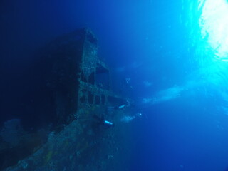Diving on the ship wrecks of the Palau archipelago. These ship wrecks were from Japanese Navy at...