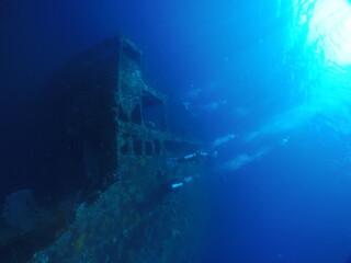 Diving on the ship wrecks of the Palau archipelago. These ship wrecks were from Japanese Navy at...