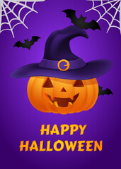 Happy Halloween poster for party. Banner or invitation, orange pumpkin jack o lantern with carved smiling face in witch hat. Spiderweb, gossamer and bats flying on purple background. Autumn vector.