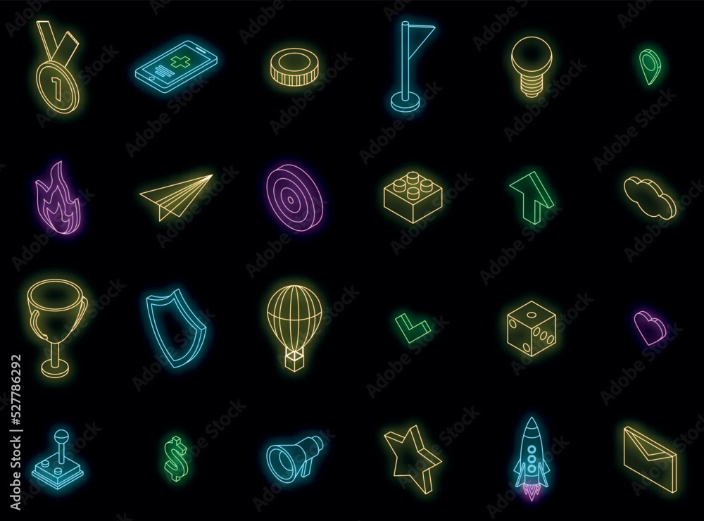 Poster gamification icons set. isometric set of gamification vector icons neon color on black